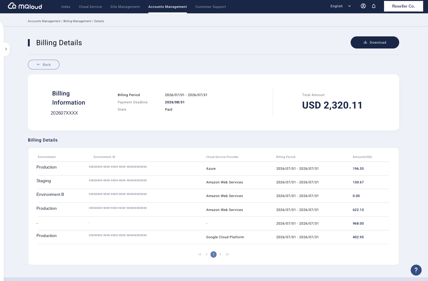 Billing management screen